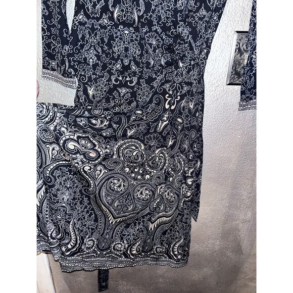 Ann Taylor Black White Tan Faux Wrap Midi Dress – Size 8 Professional Office - Picture 5 of 13